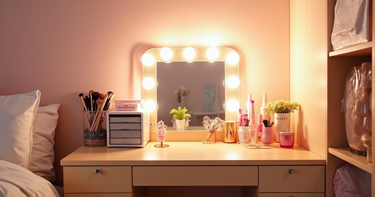 Summer Teen Bedroom Vanity Setup Essentials: Lighted Mirrors & Mini Fridges for Optimal Storage